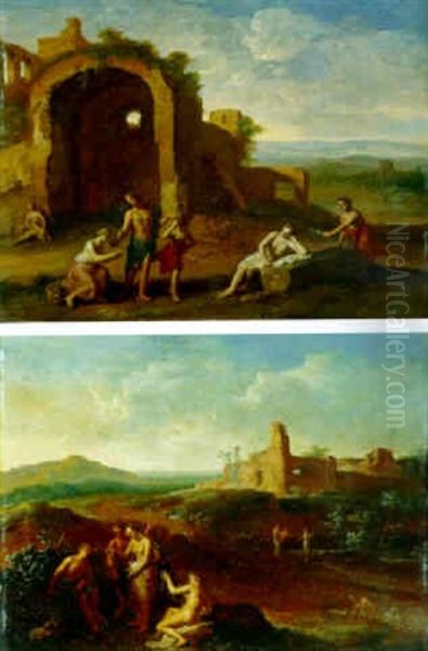 Arcadian Landscape With Nymphs And Shepherds By Classical Ruins Oil Painting by Gerard Hoet