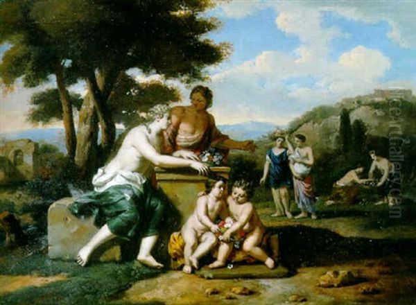 Classical Figures Gathering Flowers Oil Painting by Gerard Hoet