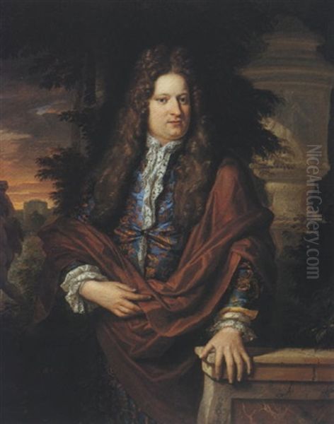 Portrait Of A Gentleman In A Blue Coat And A Maroon Cloak, His Hand Upon A Marble Balustrade Oil Painting by Gerard Hoet