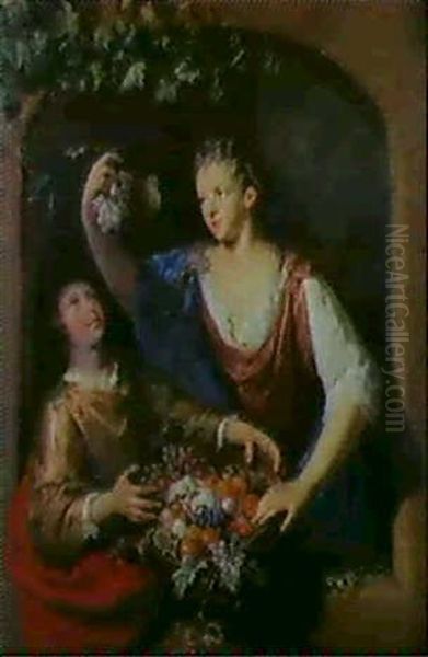 A Young Woman At A Window Holding A Bunch Of Grapes Aloft   Which She Has Selected From A Basket Of Assorted Fruit... Oil Painting by Gerard Hoet