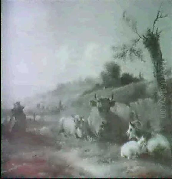 Baumbestandene Hugellandschaftmit Rastender Kuh, Umgeben Vonschaf Und Ziegen, Links Auf Einem Grashang Sitzt Ein...... Oil Painting by Adrianus Hoevenaar
