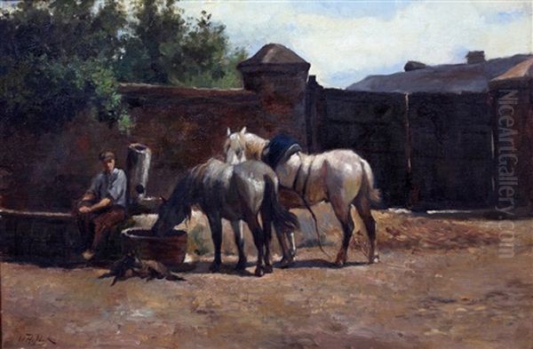 Drinkende Paarden Op Een Erf Oil Painting by Willem Jacob Hofdijk