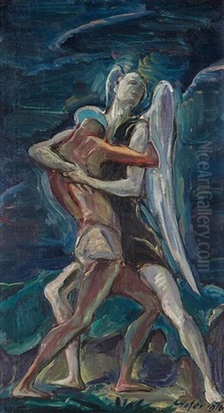 Jakob Ringt Mit Dem Engel Oil Painting by Karl Hofer