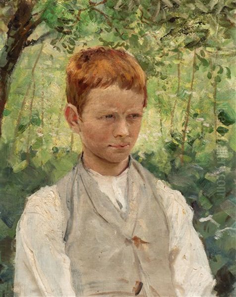 Portrait Of A Red-haired Boy In A Garden Oil Painting by Carl Heinrich Hoff the Younger