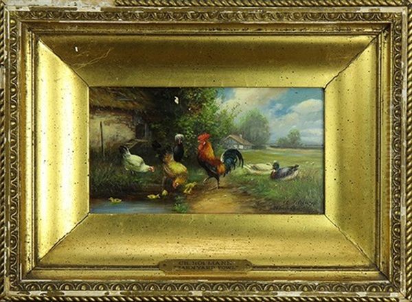 Barnyard Fowl Oil Painting by Charles C. Hoffmann