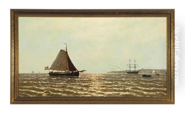 A Sailing Boat Approaching A Dutch Harbor Oil Painting by George Johannes (Jan) Hoffmann