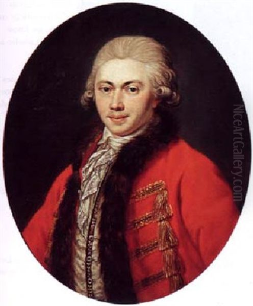 A Portrait Of Johann Wilhelm Wichelhausen Wearing A Fur-trimmed Red Overcoat With White Chemise Oil Painting by Johann Wilhelm Hoffnas or Hofnaas