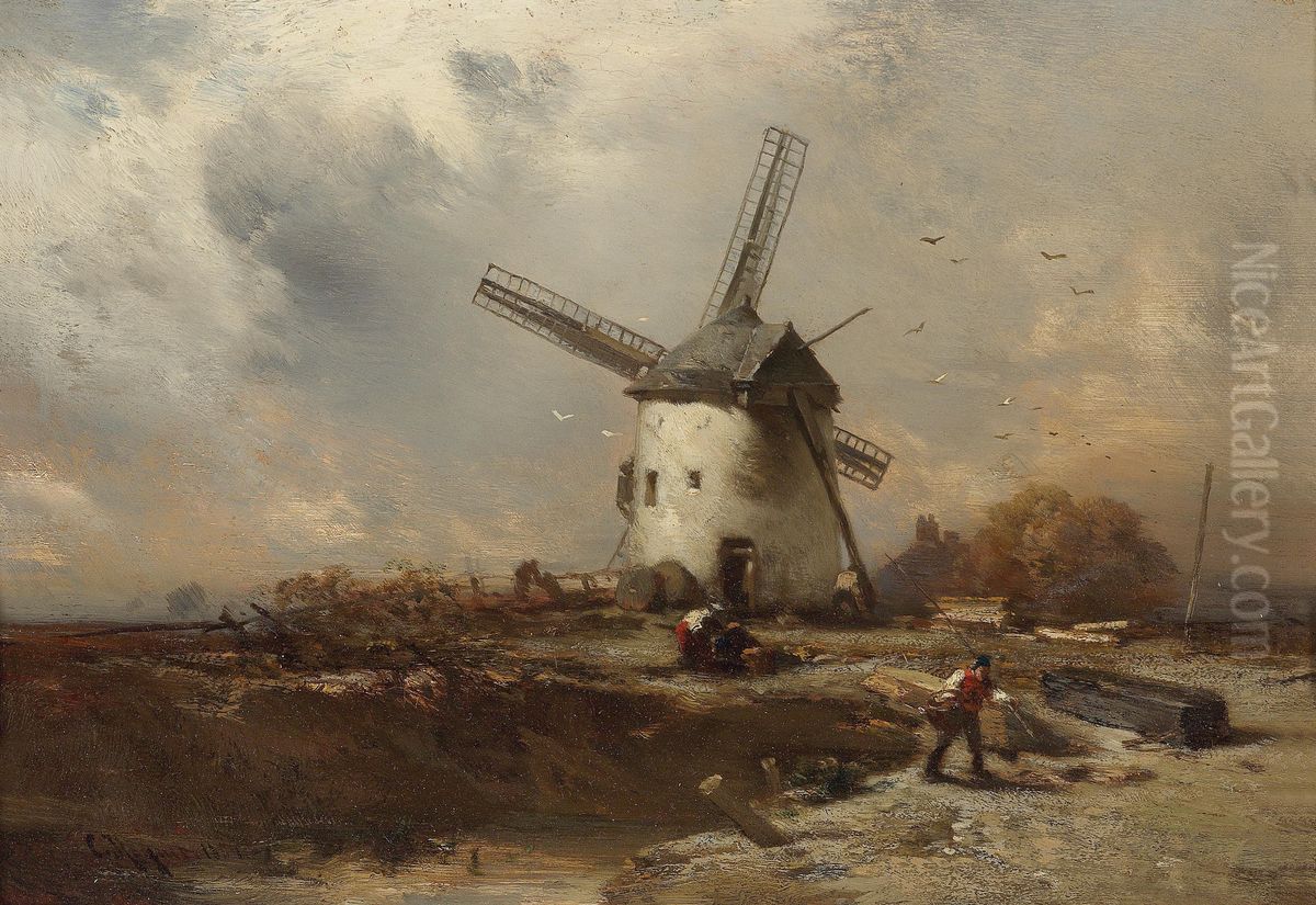 Landscape With Windmill And Decorative Figures Oil Painting by Charles Hoguet