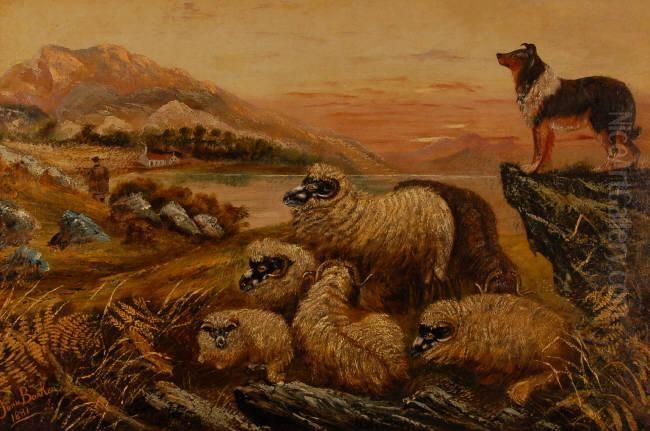 Sheep Dogguarding The Flock Oil Painting by John Barker