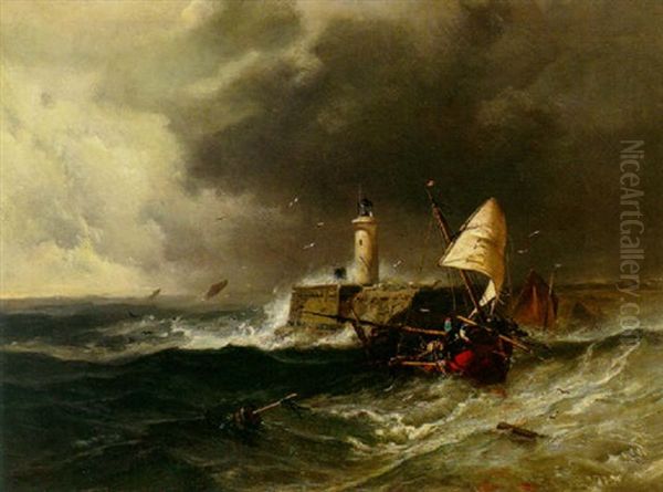A Stormy Seascape With A Fishing Smack By A Lighthouse On A Jetty And Other Sailing Vessels Beyond Oil Painting by Charles Hoguet