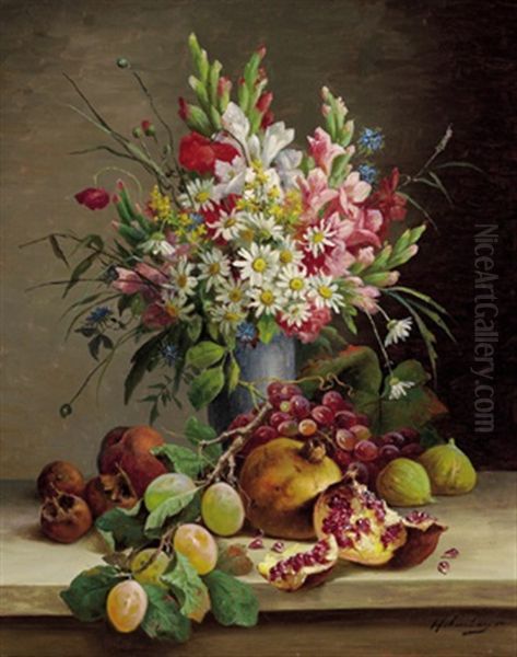 Stilleben Mit Blumen In Vase Und Fruchten Oil Painting by Franz Hohenberger
