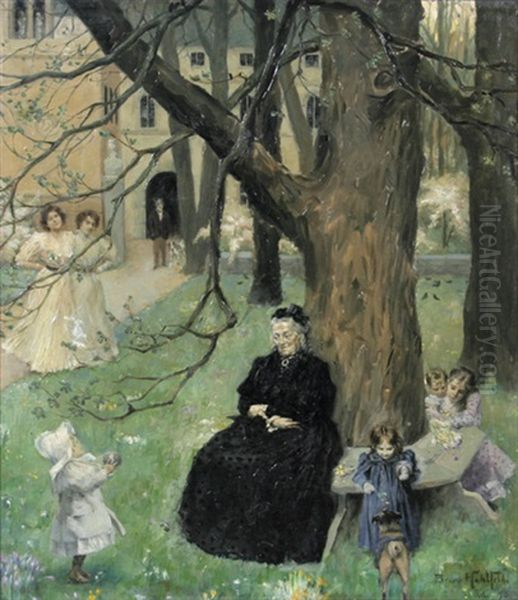 Die Grosmutter. Alte Dame In Einem Schlospark, Umgeben Von Ihren Kindern Und Enkelkindern Oil Painting by Bruno Hohlfeld