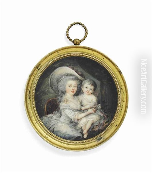 A Mother, In Pale Grey Dress With Lace Fichu, Pearl Necklace And Earrings, Her Hair Powdered And Frizzed, Wearing A Wide-brimmed Hat Oil Painting by Claude Jean Baptiste Hoin