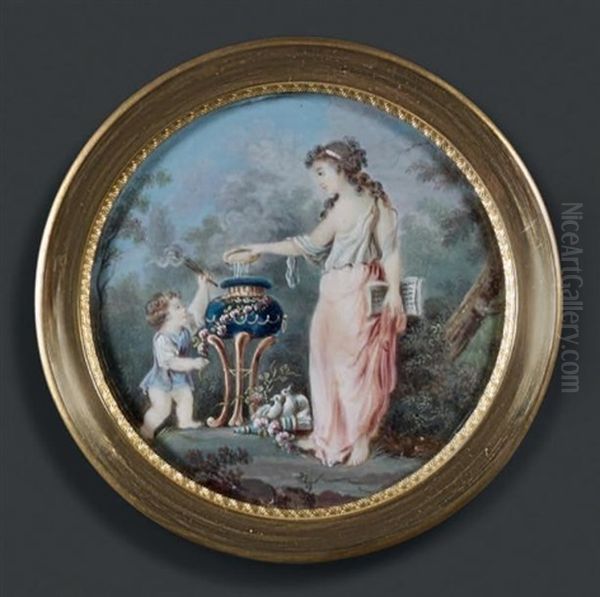 Offrande A L'autel De L'amour: Une Jeune Femme Vetue A L'antique Pres D'une Urne, Un Amour A Ses Cotes Tenant Une Torche, Dans Un Paysage Oil Painting by Claude Jean Baptiste Hoin