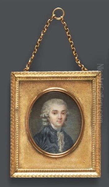 Portrait De Jeune Homme En Habit De Soie Gris-bleu Et Perruque A Rouleaux, En Buste De Trois-quarts Vers La Droite, Presque De Face Oil Painting by Claude Jean Baptiste Hoin