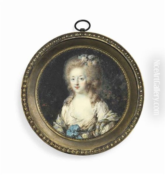 A Young Lady In A Landscape, In Decollete White Dress With Blue Sash Tied With A Bow, Powdered Curling Hair Decorated With Roses; Floral Landscape Oil Painting by Claude Jean Baptiste Hoin