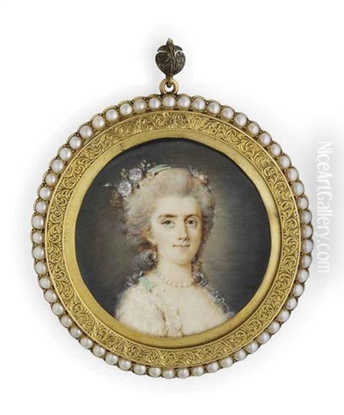 Comtesse Diane De Polignac, In Decollete White Dress, Flowers And Peppermint Green Ribbon In Her Upswept Powdered Hair, Wearing A Pearl Necklace And Earrings Oil Painting by Claude Jean Baptiste Hoin