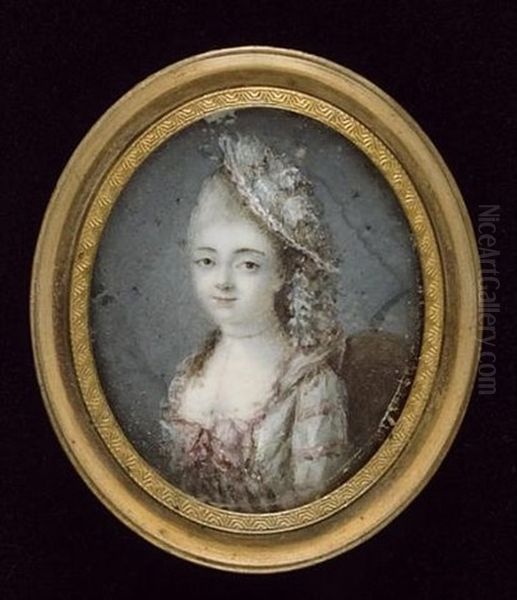 A Lady, Seated, Wearing Pale Green Dress Decorated With Pink Ribbons, Her Bonnet Similarly Decorated Oil Painting by Claude Jean Baptiste Hoin