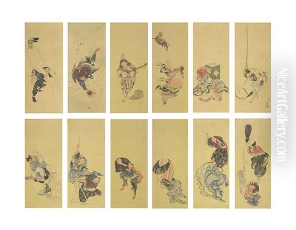 Immortals, Gods Of Good Fortune And Kyogen Actors (12 Works Mountaed As A Pair Of 6-panel Screens)) Oil Painting by Katsushika Hokusai