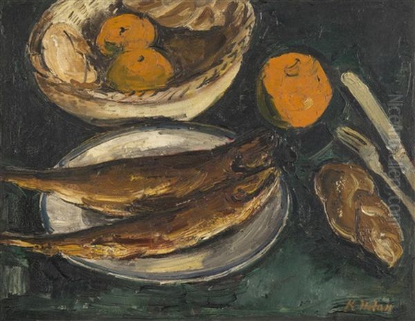 Still Life With Fish Oil Painting by Karel Holan