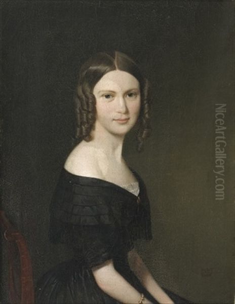 Portraet Af Ung Kvinde Med Brune Slangekroller I Sort Nedringet Krinolinekjole, Siddende Pa Empirestol Oil Painting by Niels Peter Holbech