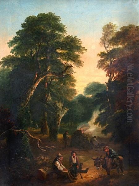 Charcoal Burners In A Woodland Clearing Oil Painting by John Joseph Barker Of Bath