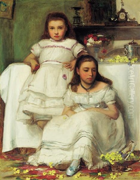Portrait Of Two Girls, Dressed In White Oil Painting by Frank Holl