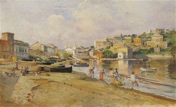 Fischer Am Strand Von Sestri Levante Mit Blick Auf Portobello Oil Painting by Alphons Hollaender