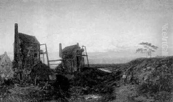 Rastande Man Vid Uppfordringsverk Samt Ankor, Solnedgangsstamning Oil Painting by James Holland