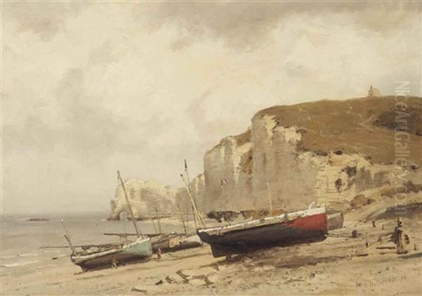 Fishing Boats On The Beach, Normandy Oil Painting by Jacob Huijbrecht Hollestelle