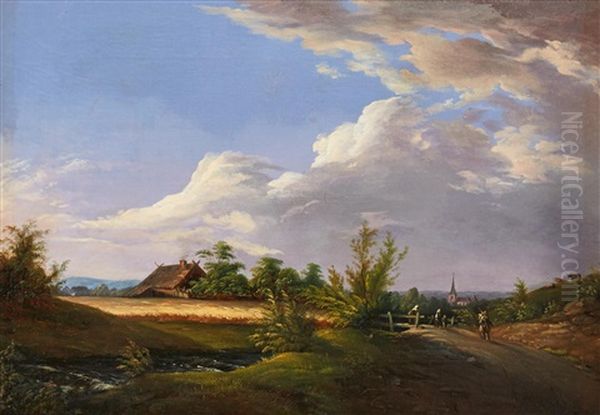 Sensommarlandskap Med Figurer Utanfor En By Oil Painting by Anders Holm