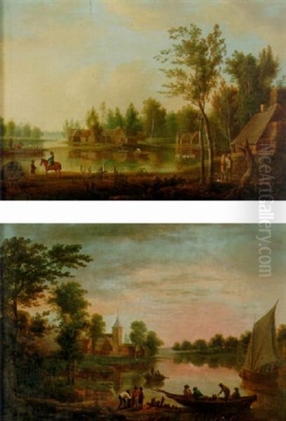 Sjolandskap Med Byggnader Och Figurer Oil Painting by Anders Holm