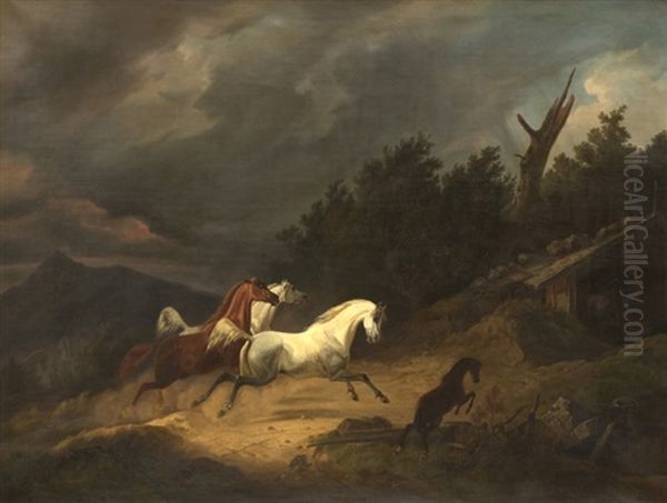 Horses In A Storm Oil Painting by Christian Frederik Holm