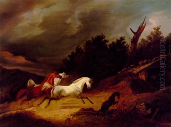 Heste, Som Flygte Til Stalden For Et Uvejr Oil Painting by Christian Frederik Holm