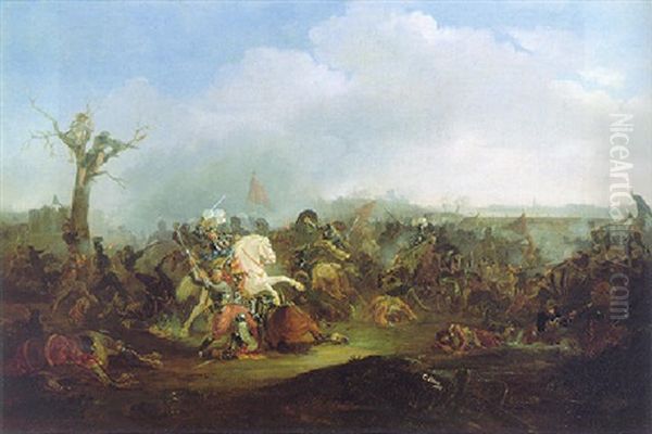 Battle Scene, With A Distant View Of A City Beside A River Beyond Oil Painting by Christian Frederik Holm