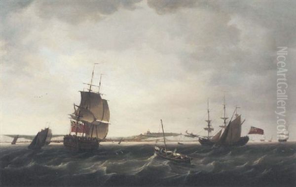 A Fifth Rate In Two Positions, One Under Sail And One At Anchor In The Channel Off Dover Oil Painting by Francis Holman