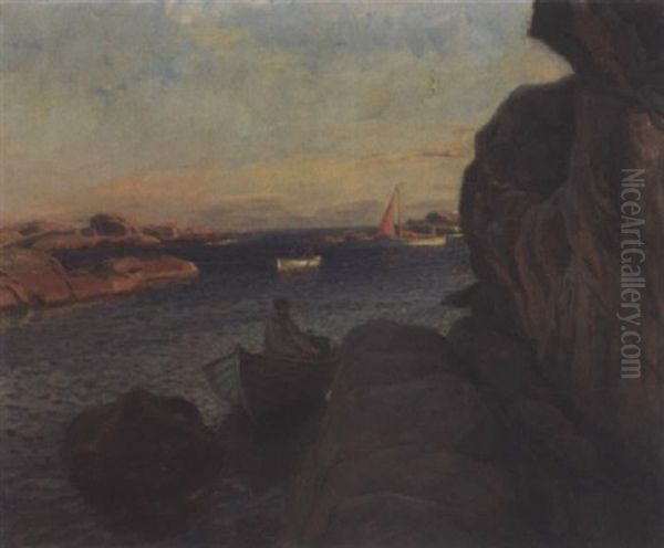 Aftenstemning Rauer I Naerheten Av Svenner Oil Painting by Thorolf Holmboe