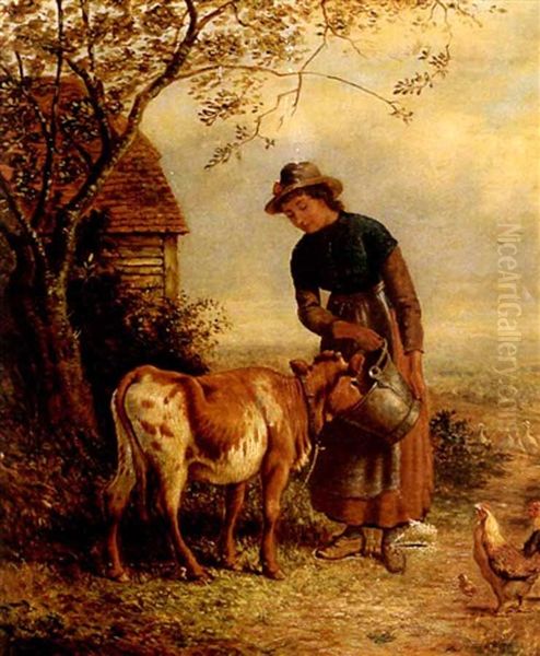 Feeding The Calf Oil Painting by George Augustus Holmes
