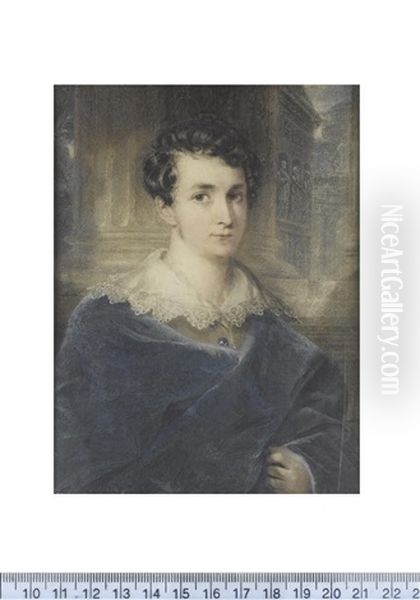 A Gentleman, Standing Before Classical Architecture And Wearing Van Dyck Costume Beneath A Blue Cloak Draped Around His Shoulders Oil Painting by James Holmes