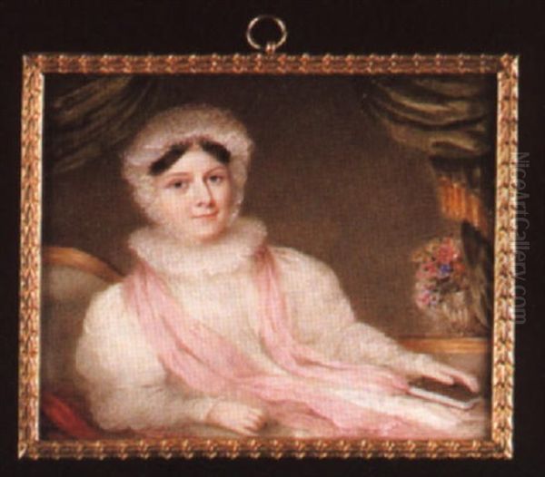 A Young Lady Reclining On A Sofa Holding A Book, A Green Curtain Draped In The Background Oil Painting by James Holmes