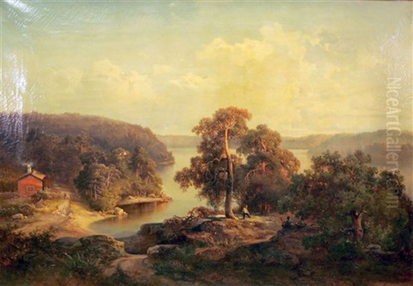 Pastoralt Insjolandskap Med Figurer Oil Painting by Josephina Holmlund