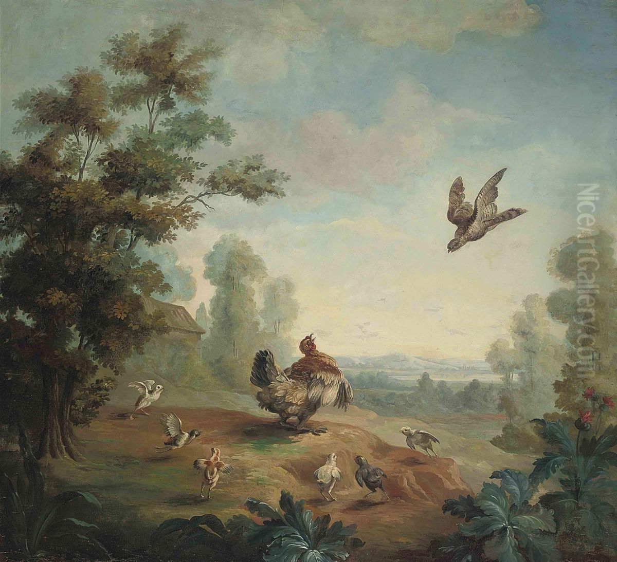 A Hen Protecting Her Chicks From A Peregrine Falcon Oil Painting by Francis Barlow