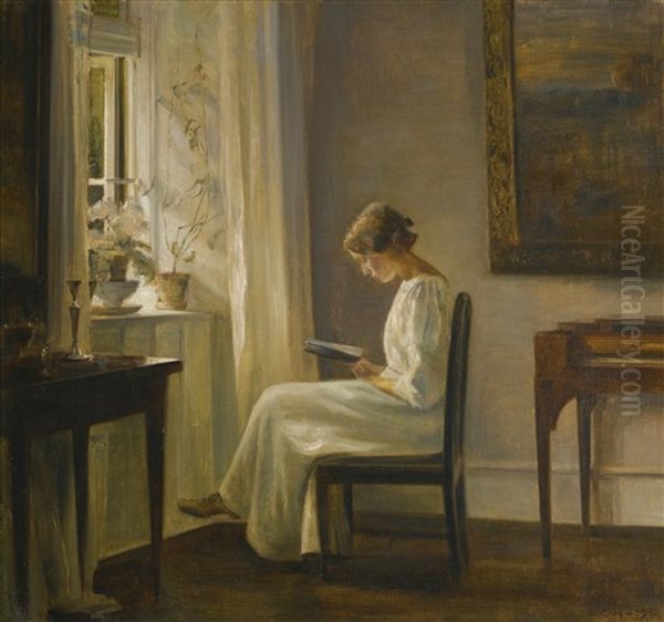 Interior With A Woman Reading Oil Painting by Carl Vilhelm Holsoe