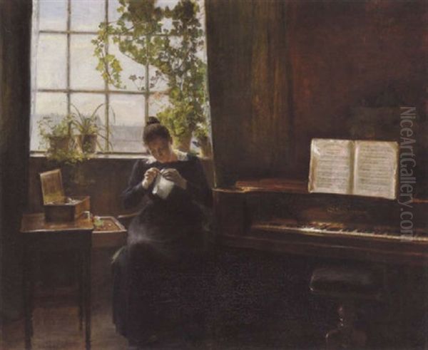 Interior Med Ung Pige Ved Sytojet Oil Painting by Carl Vilhelm Holsoe