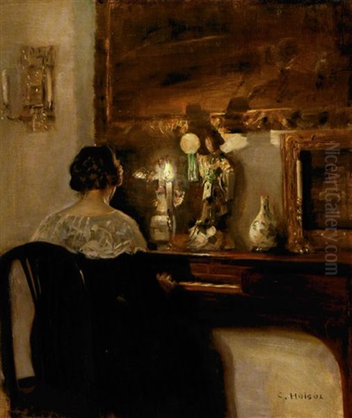 Dame Ved Spinnettet I Stearinlysets Skaer Oil Painting by Carl Vilhelm Holsoe