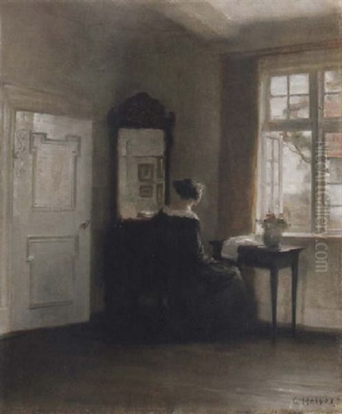 Interior Med Kvinna Vid Fonster Oil Painting by Carl Vilhelm Holsoe