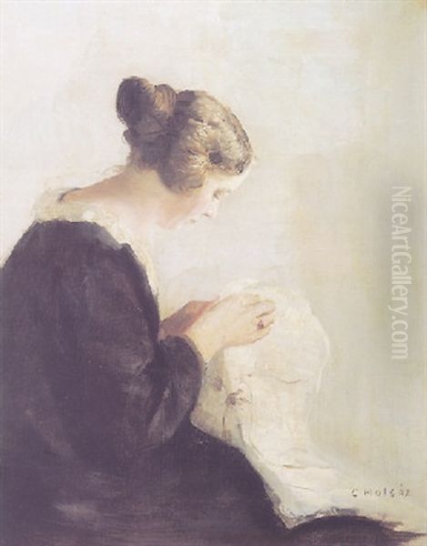 Kvinde Broderi Oil Painting by Carl Vilhelm Holsoe