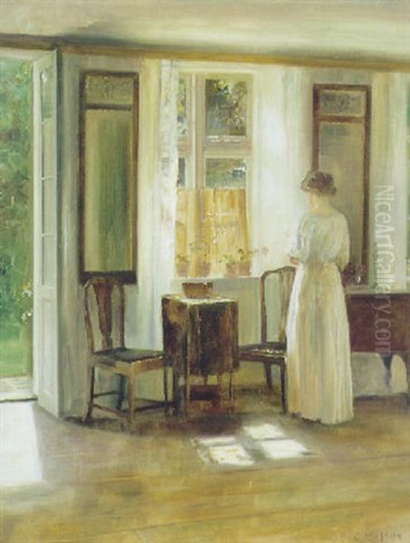 Sollys I Stuen Med En Ung Pige I Hvid Kjole Ved Vinduet Oil Painting by Carl Vilhelm Holsoe