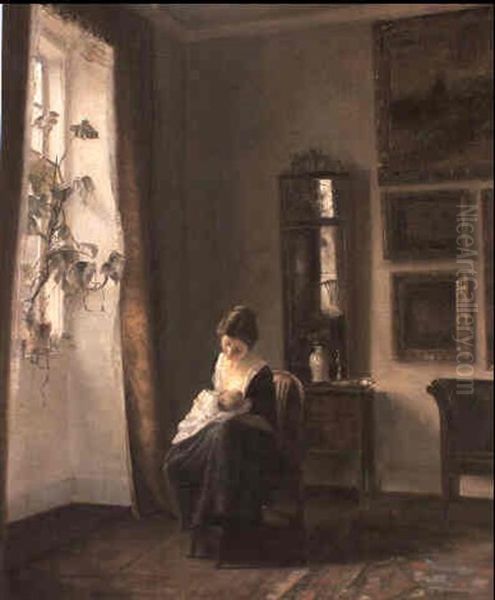 Motherhood Oil Painting by Carl Vilhelm Holsoe