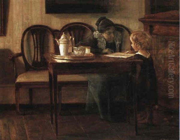 Interior, Moder Siddende I Sofa Laesende For Den Lille Pige Oil Painting by Carl Vilhelm Holsoe